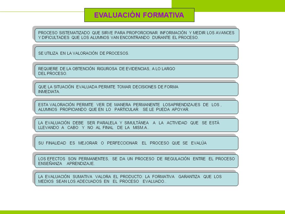 EVALUACIÓN FORMATIVA PROCESO SISTEMATIZADO QUE SIRVE PARA PROPORCIONAR INFORMACIÓN Y MEDIR LOS AVANCES.