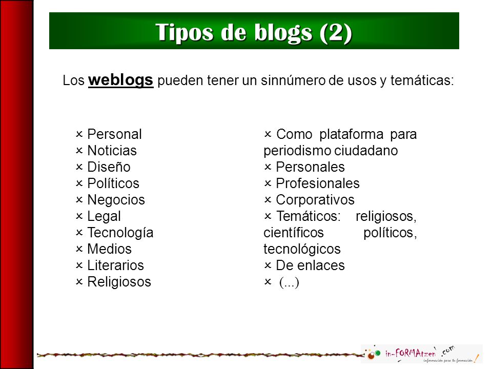 Tipos de blogs (2) Los weblogs pueden tener un sinnúmero de usos y temáticas: Personal. Noticias.