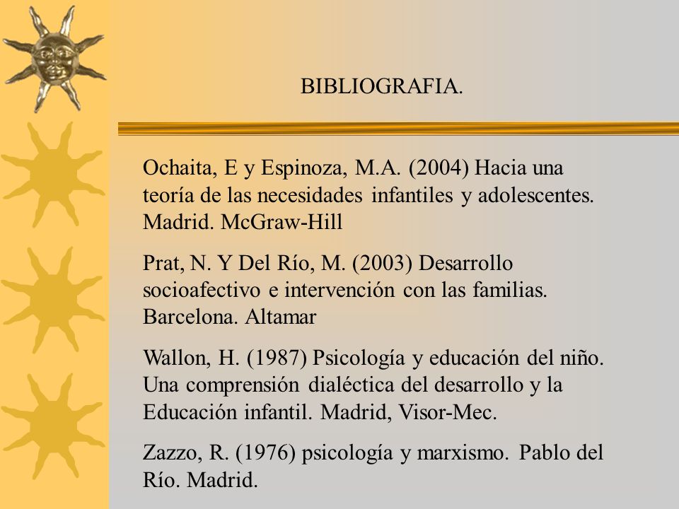 BIBLIOGRAFIA. Ochaita, E y Espinoza, M.A. (2004) Hacia una teoría de las necesidades infantiles y adolescentes. Madrid. McGraw-Hill.