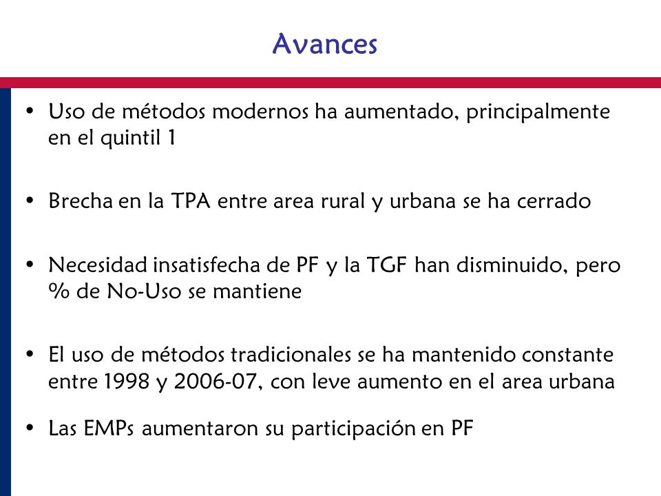 Avances Uso de métodos modernos ha aumentado, principalmente en el quintil 1. Brecha en la TPA entre area rural y urbana se ha cerrado.