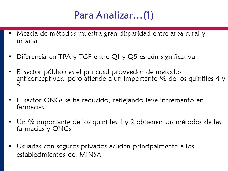 Para Analizar…(1) Mezcla de métodos muestra gran disparidad entre area rural y urbana. Diferencia en TPA y TGF entre Q1 y Q5 es aún significativa.