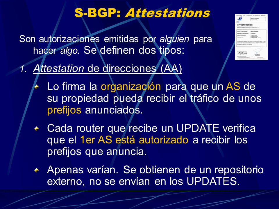 S-BGP: Attestations Attestation de direcciones (AA)