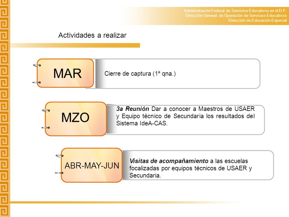 MAR MZO ABR-MAY-JUN Actividades a realizar Cierre de captura (1ª qna.)