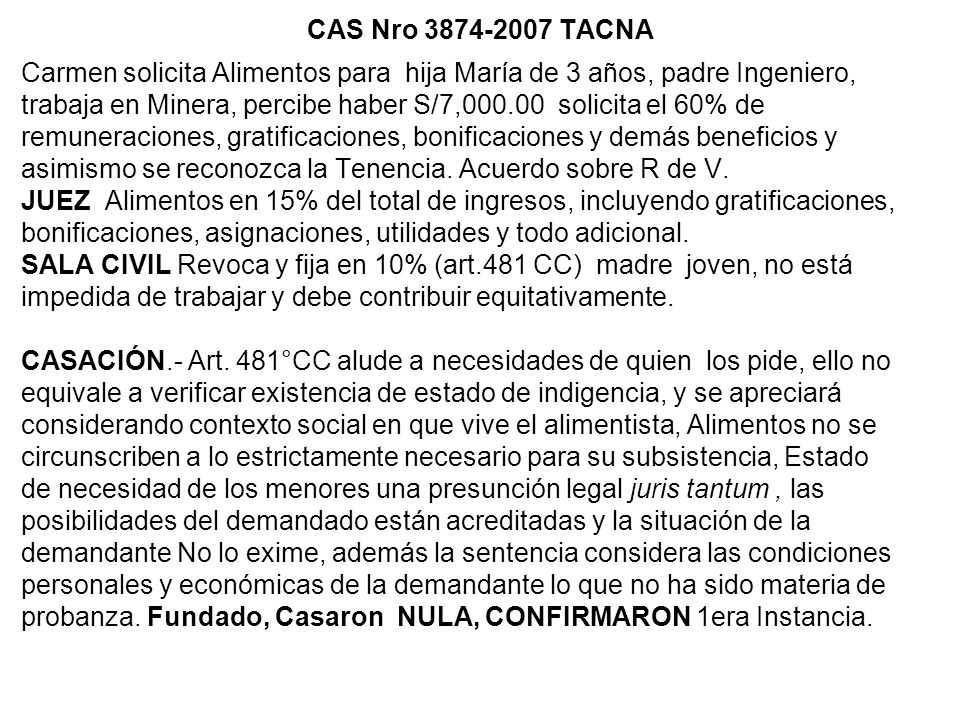 CAS Nro TACNA Carmen solicita Alimentos para hija María de 3 años, padre Ingeniero,