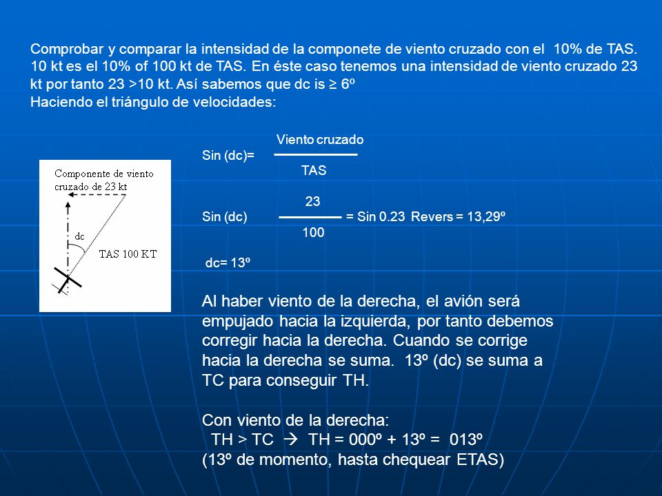 Con viento de la derecha: TH > TC  TH = 000º + 13º = 013º