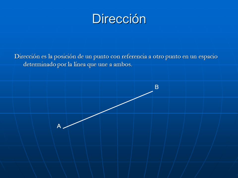 Dirección Dirección es la posición de un punto con referencia a otro punto en un espacio determinado por la línea que une a ambos.