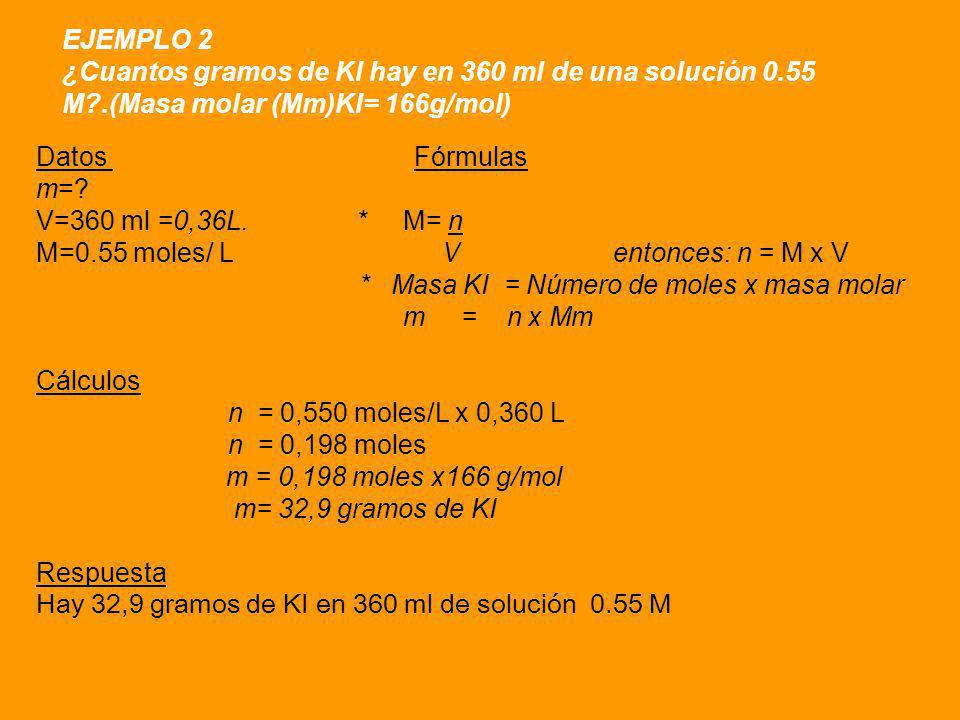 EJEMPLO 2 ¿Cuantos gramos de Kl hay en 360 ml de una solución M