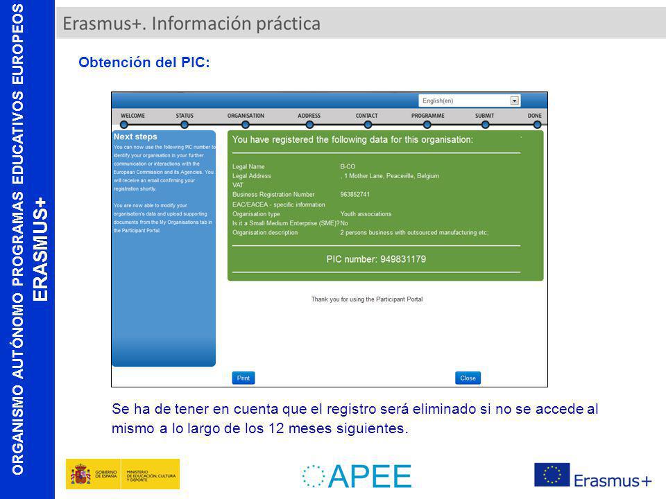 Obtención del PIC: Se ha de tener en cuenta que el registro será eliminado si no se accede al mismo a lo largo de los 12 meses siguientes.