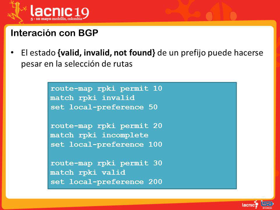 Interación con BGP El estado {valid, invalid, not found} de un prefijo puede hacerse pesar en la selección de rutas.