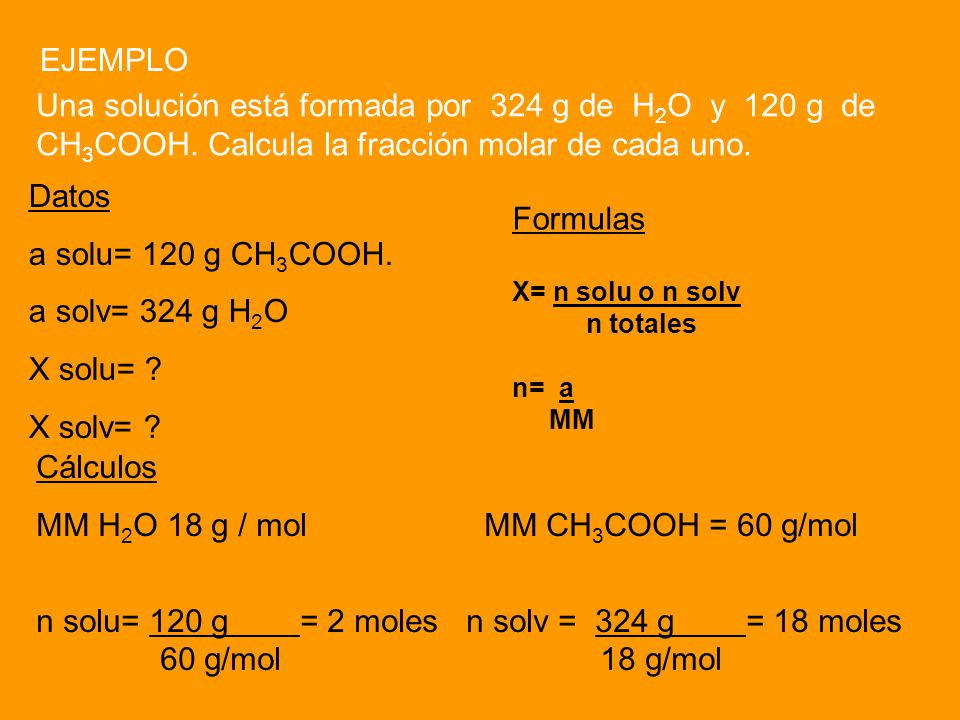 MM H2O 18 g / mol MM CH3COOH = 60 g/mol