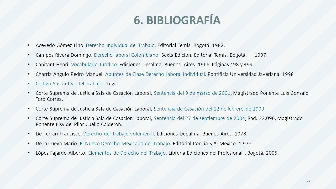6. BIBLIOGRAFÍA Acevedo Gómez Lino. Derecho Individual del Trabajo. Editorial Temis. Bogotá