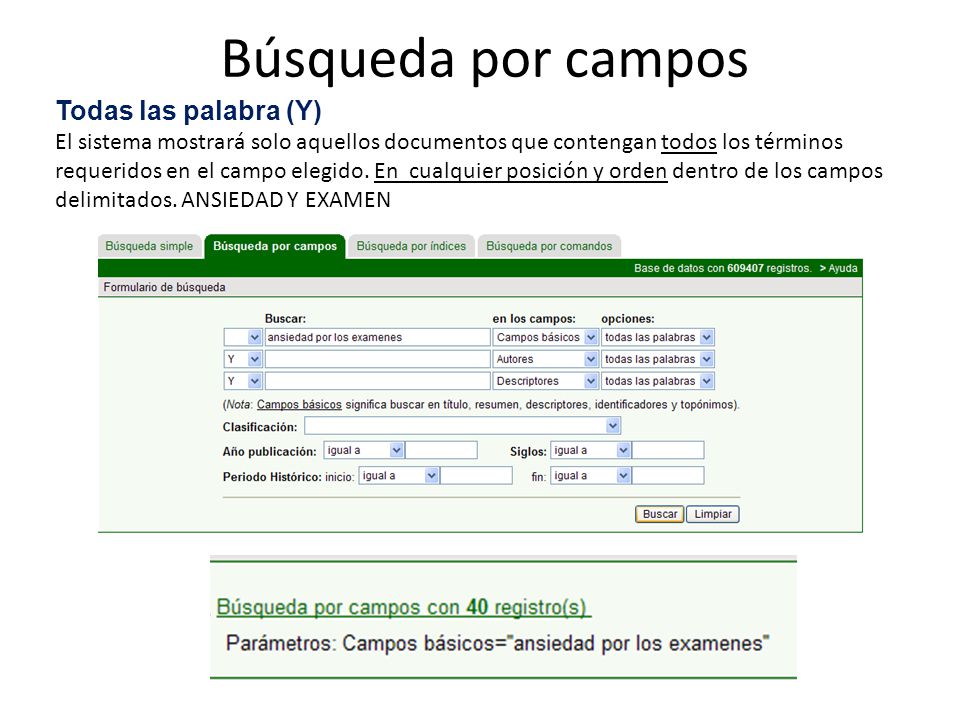 Búsqueda por campos Todas las palabra (Y) Todas las palabras