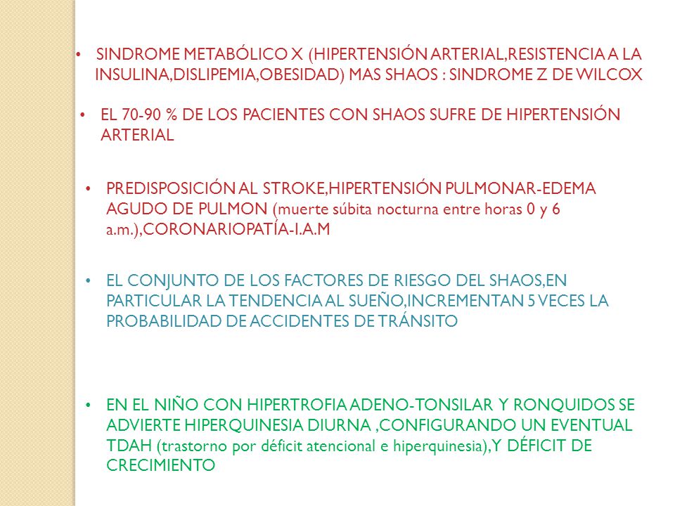 SINDROME METABÓLICO X (HIPERTENSIÓN ARTERIAL,RESISTENCIA A LA INSULINA,DISLIPEMIA,OBESIDAD) MAS SHAOS : SINDROME Z DE WILCOX