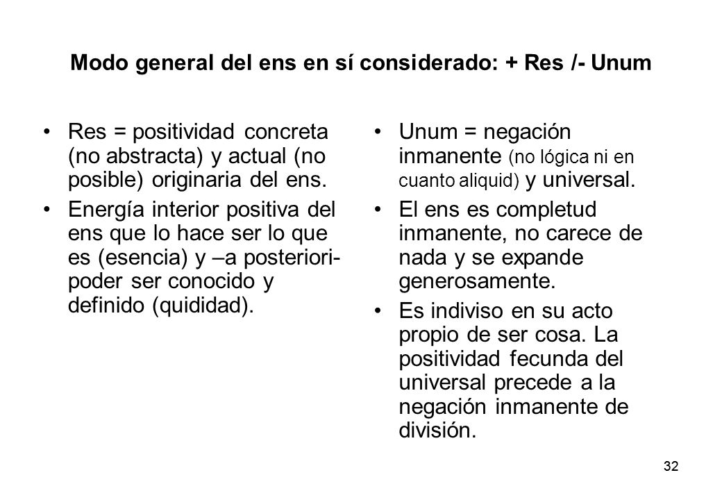 Modo general del ens en sí considerado: + Res /- Unum