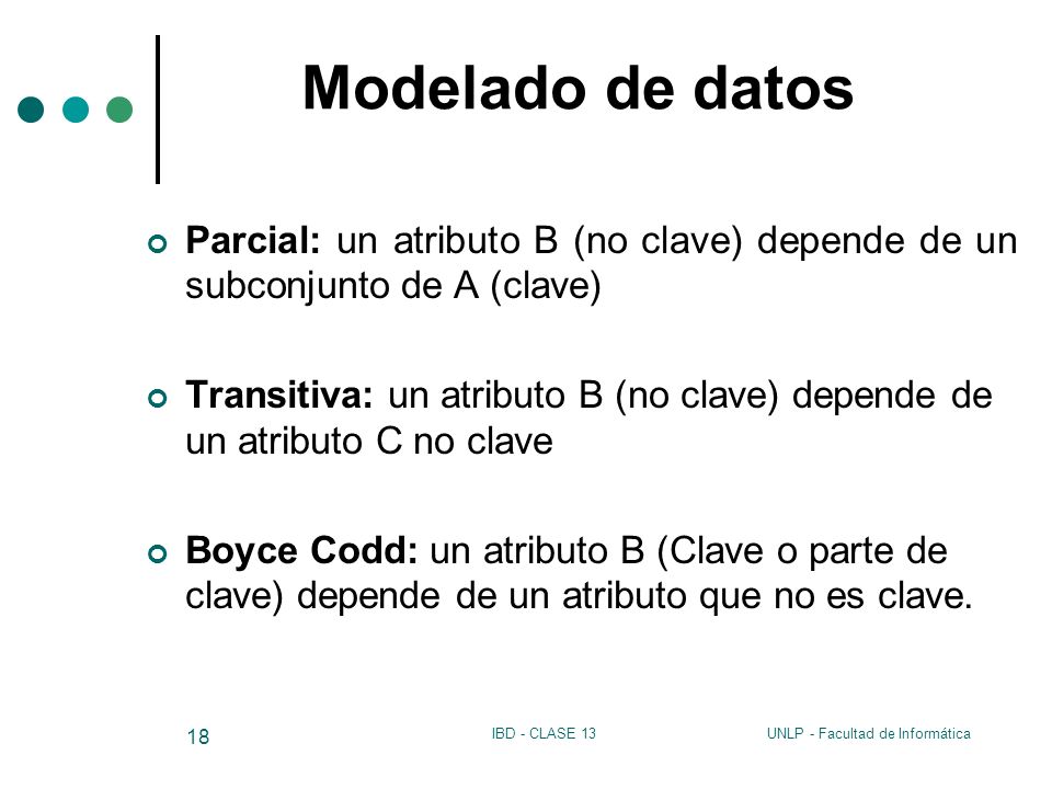 Modelado de datos Parcial: un atributo B (no clave) depende de un subconjunto de A (clave)