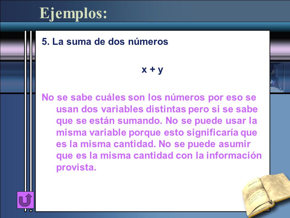 Ejemplos: 5. La suma de dos números x + y