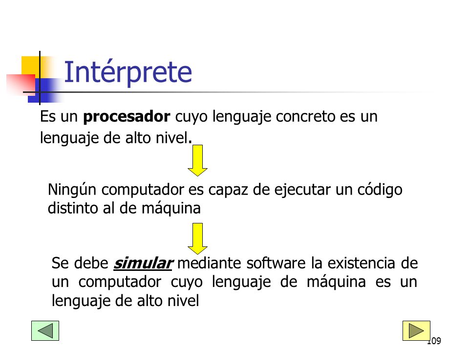 Intérprete Es un procesador cuyo lenguaje concreto es un lenguaje de alto nivel.
