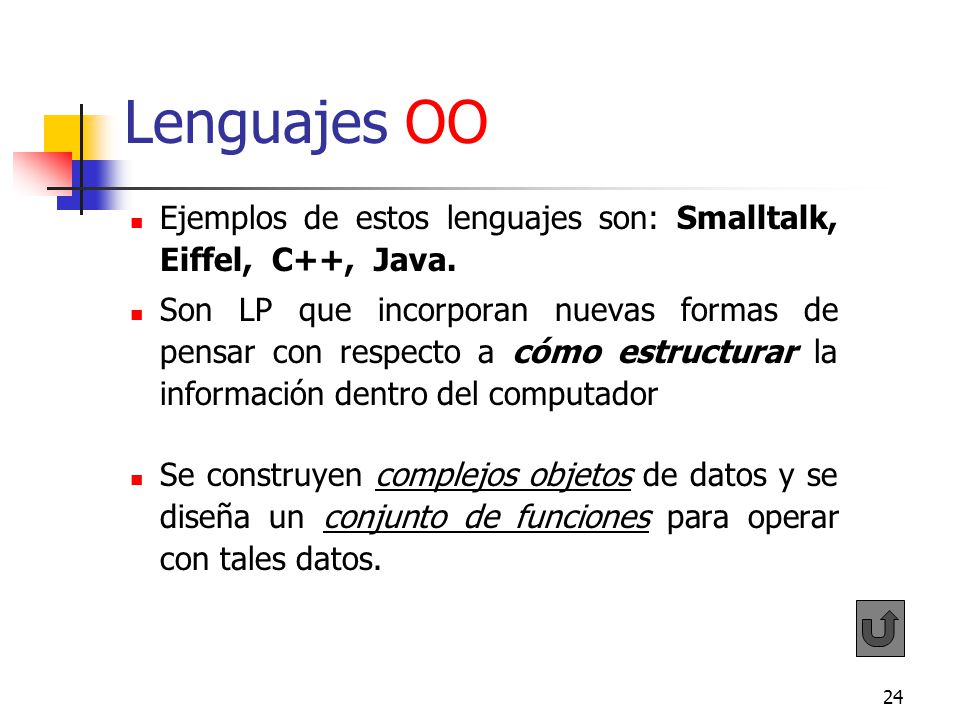 Lenguajes OO Ejemplos de estos lenguajes son: Smalltalk, Eiffel, C++, Java.