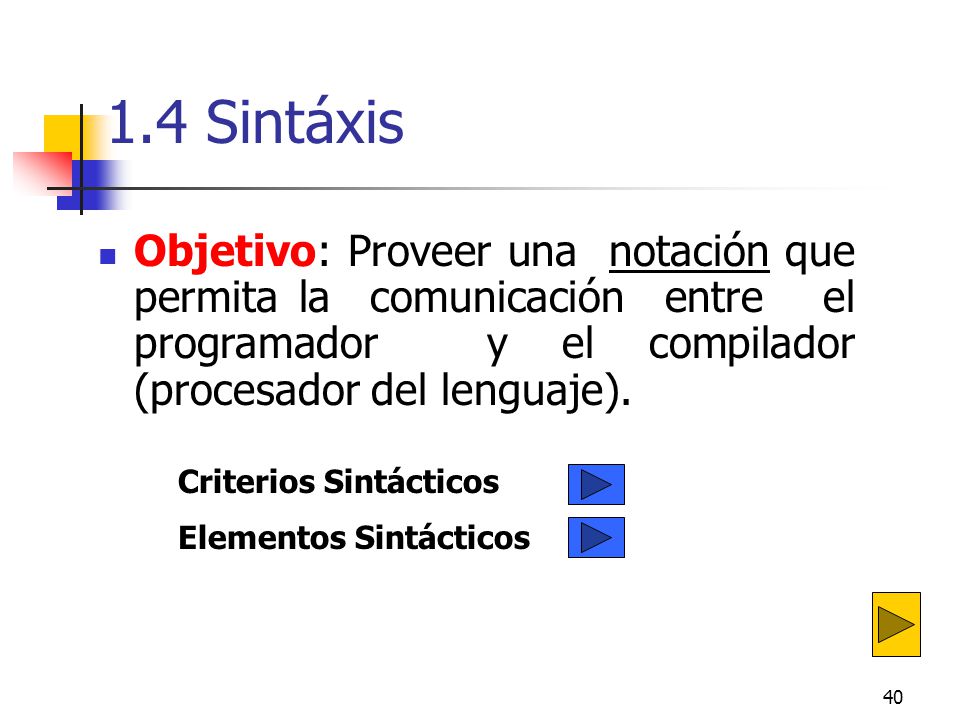 1.4 Sintáxis Objetivo: Proveer una notación que permita la comunicación entre el programador y el compilador (procesador del lenguaje).