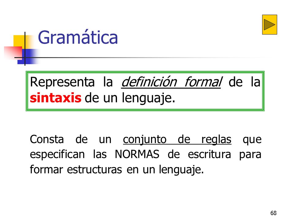 Gramática Representa la definición formal de la sintaxis de un lenguaje.
