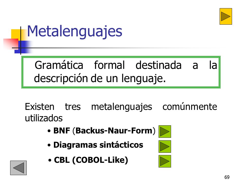 Metalenguajes Gramática formal destinada a la descripción de un lenguaje. Existen tres metalenguajes comúnmente utilizados.