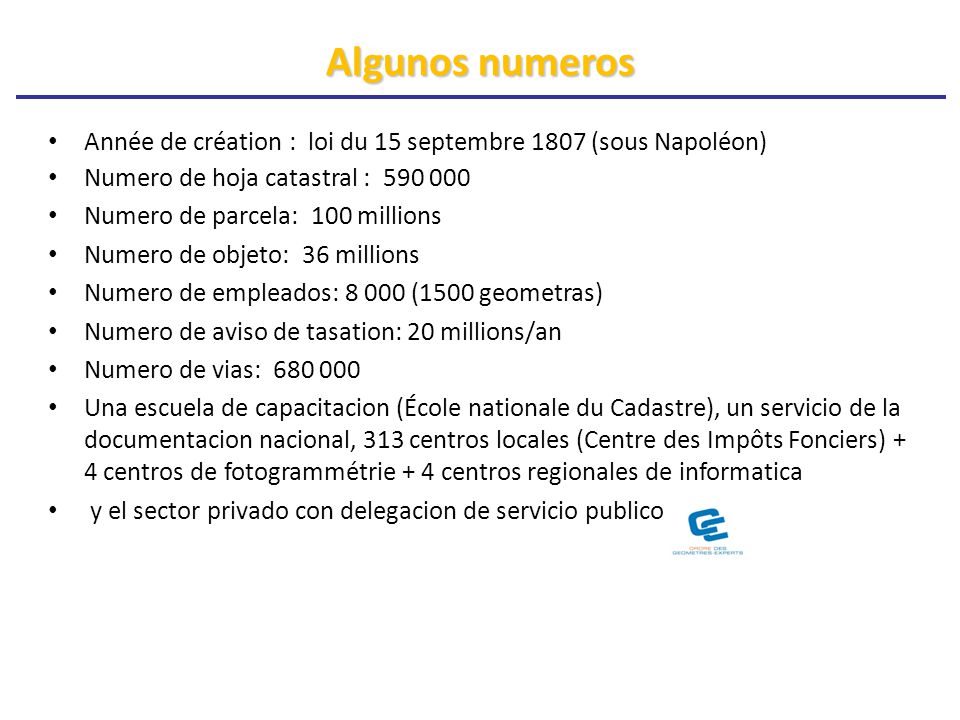Algunos numeros Année de création : loi du 15 septembre 1807 (sous Napoléon) Numero de hoja catastral :