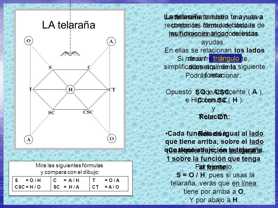 La telaraña también te ayuda a recordar las fórmulas básicas de las funciones trigonométricas.
