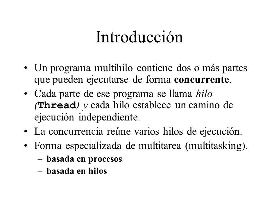 Introducción Un programa multihilo contiene dos o más partes que pueden ejecutarse de forma concurrente.