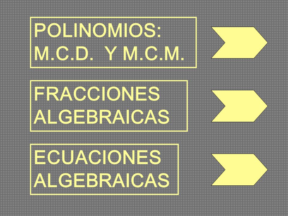 POLINOMIOS: M.C.D. Y M.C.M. FRACCIONES ALGEBRAICAS ECUACIONES ALGEBRAICAS