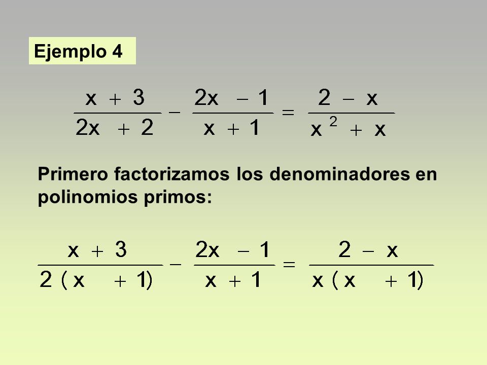 Ejemplo 4 Primero factorizamos los denominadores en polinomios primos: