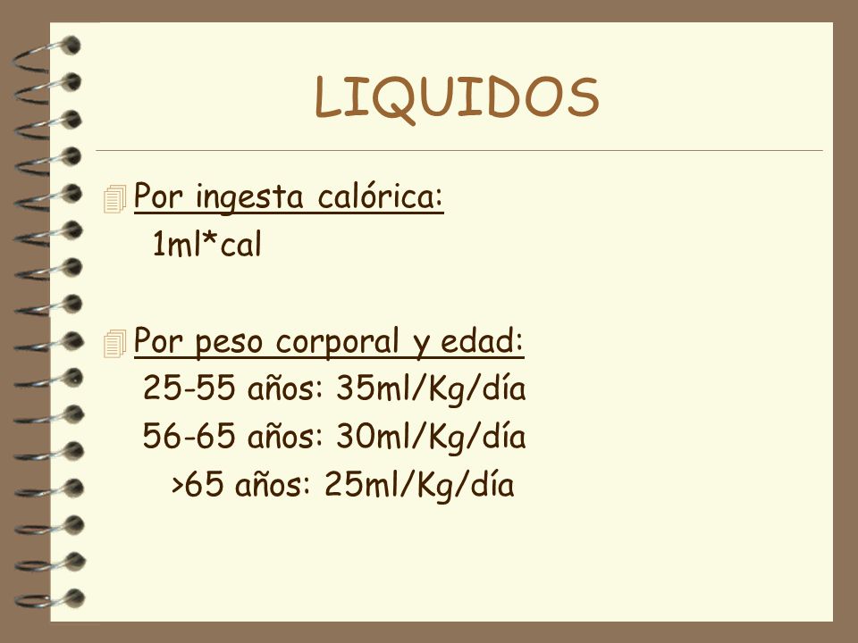 LIQUIDOS Por ingesta calórica: 1ml*cal Por peso corporal y edad: