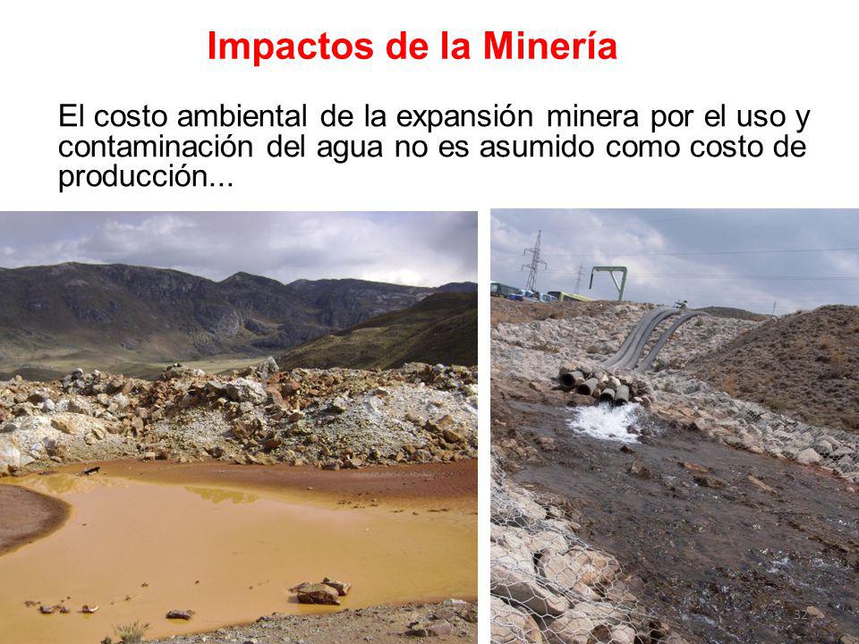 Impactos de la Minería El costo ambiental de la expansión minera por el uso y contaminación del agua no es asumido como costo de producción...