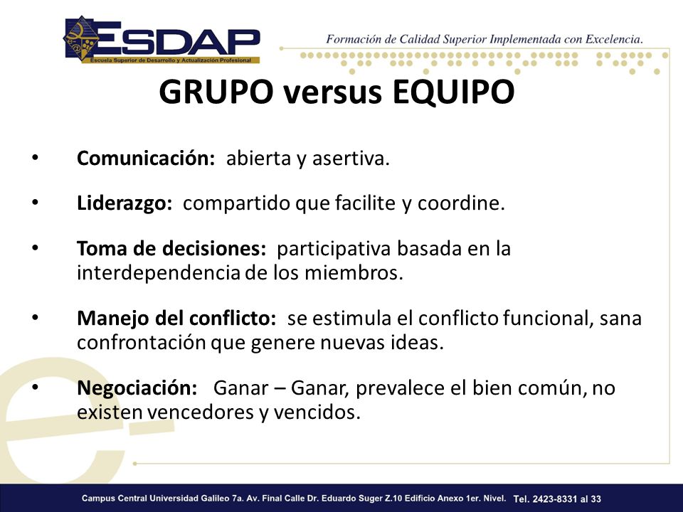 GRUPO versus EQUIPO Comunicación: abierta y asertiva.