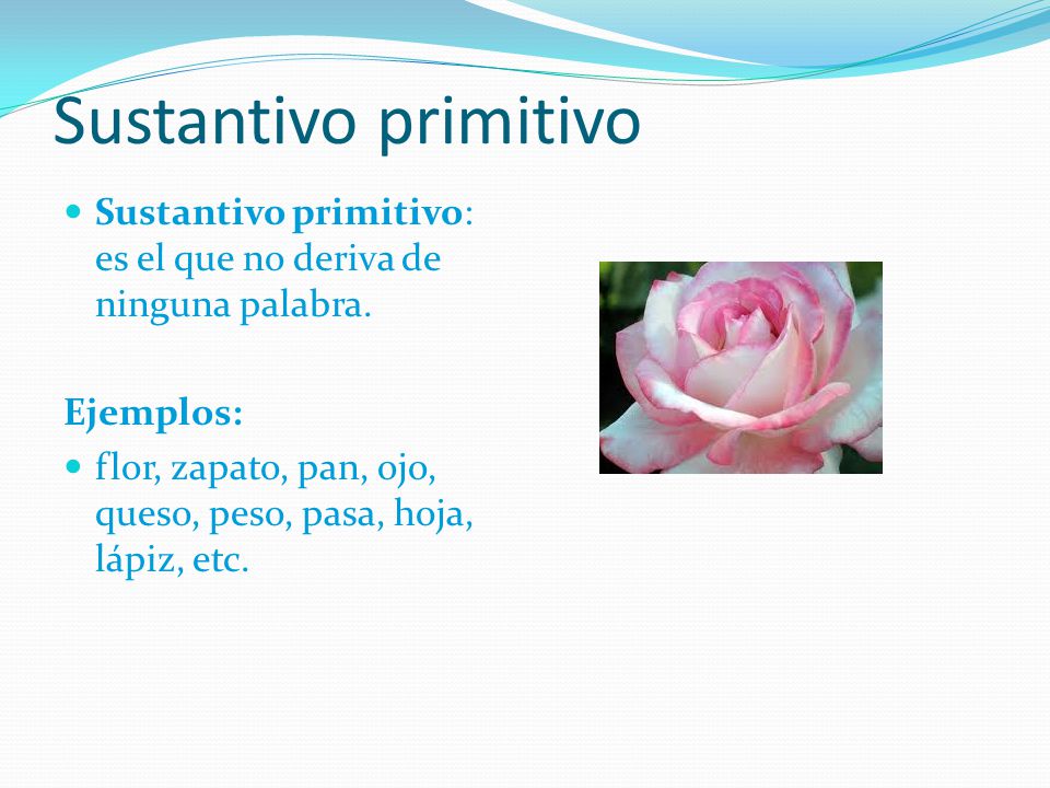 Sustantivo primitivo Sustantivo primitivo: es el que no deriva de ninguna palabra. Ejemplos: