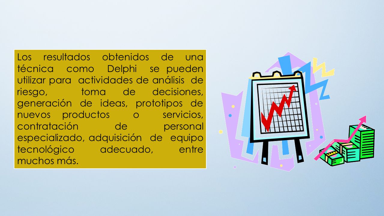 Los resultados obtenidos de una técnica como Delphi se pueden utilizar para actividades de análisis de riesgo, toma de decisiones, generación de ideas, prototipos de nuevos productos o servicios, contratación de personal especializado, adquisición de equipo tecnológico adecuado, entre muchos más.
