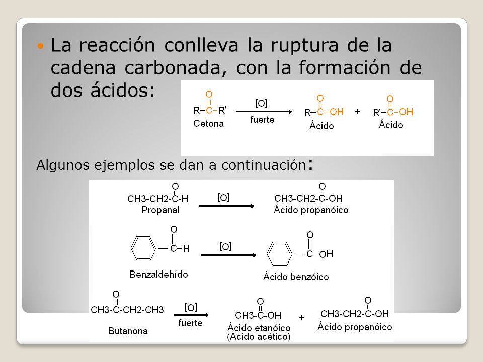 La reacción conlleva la ruptura de la cadena carbonada, con la formación de dos ácidos:
