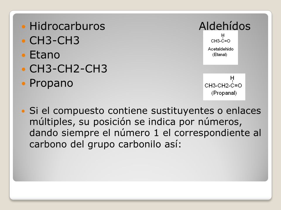 Hidrocarburos Aldehídos CH3-CH3 Etano CH3-CH2-CH3 Propano