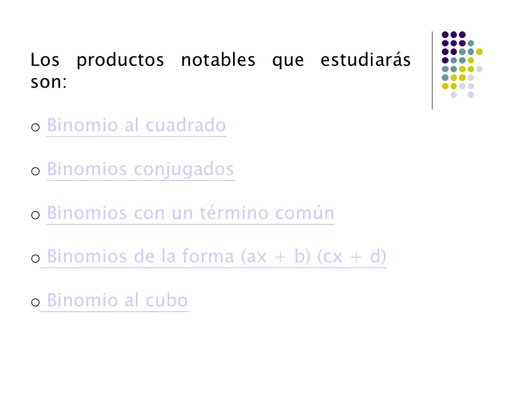 Los productos notables que estudiarás son: