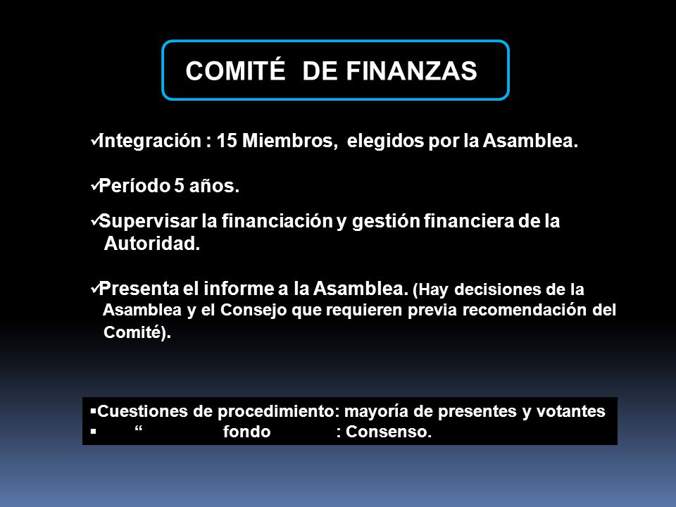COMITÉ DE FINANZAS Integración : 15 Miembros, elegidos por la Asamblea. Período 5 años. Supervisar la financiación y gestión financiera de la.