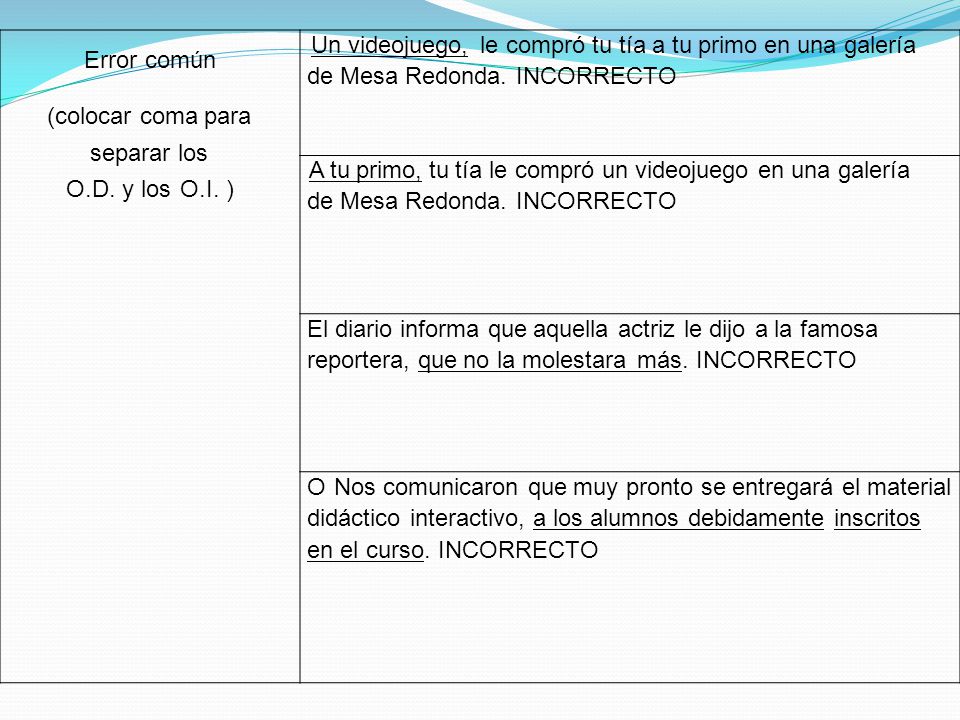 Error común (colocar coma para. separar los. O.D. y los O.I. )
