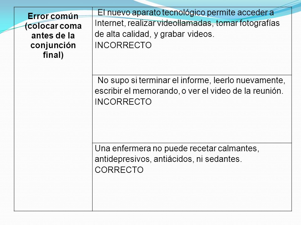 Error común (colocar coma antes de la conjunción final)