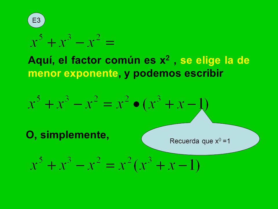 E3 Aquí, el factor común es x2 , se elige la de menor exponente, y podemos escribir. Recuerda que x0 =1.