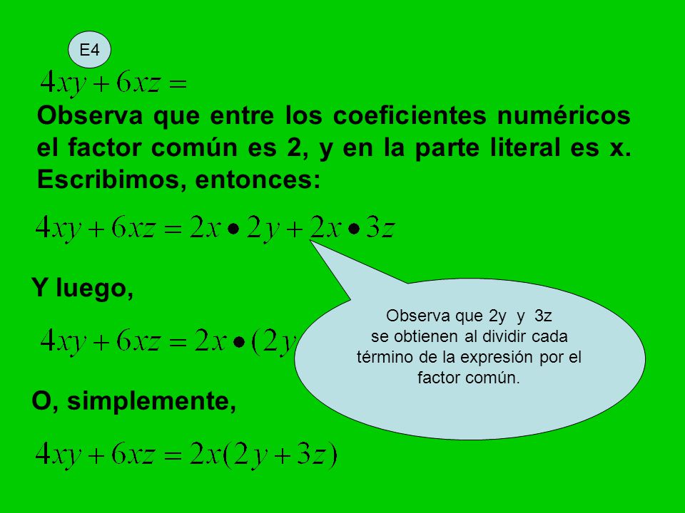 E4 Observa que entre los coeficientes numéricos el factor común es 2, y en la parte literal es x. Escribimos, entonces: