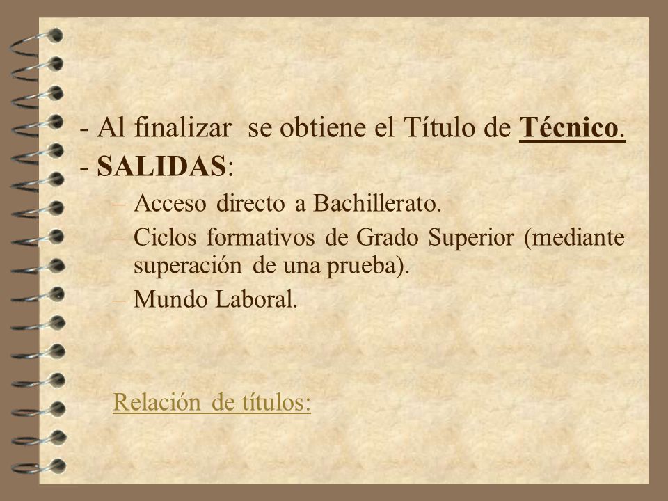 - Al finalizar se obtiene el Título de Técnico. - SALIDAS: