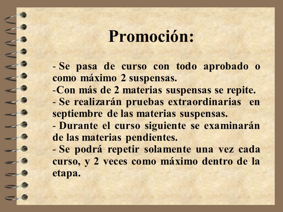 Promoción: Se pasa de curso con todo aprobado o como máximo 2 suspensas. Con más de 2 materias suspensas se repite.