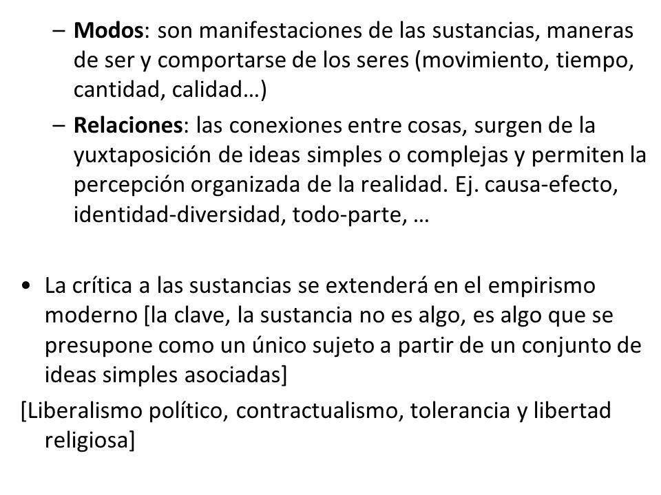 Modos: son manifestaciones de las sustancias, maneras de ser y comportarse de los seres (movimiento, tiempo, cantidad, calidad…)