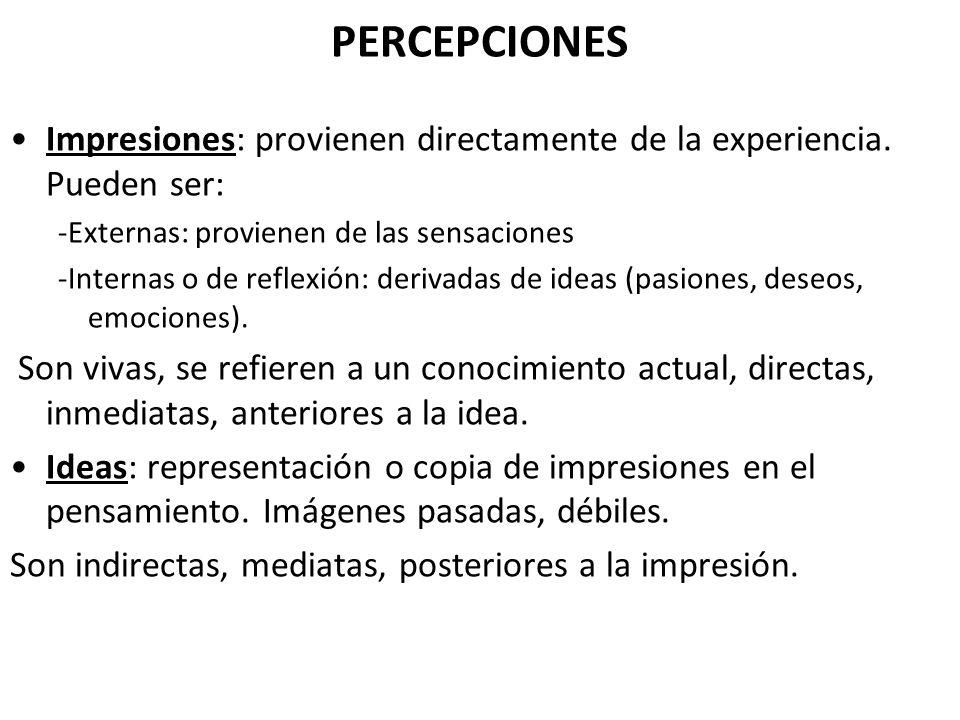 PERCEPCIONES Impresiones: provienen directamente de la experiencia. Pueden ser: -Externas: provienen de las sensaciones.