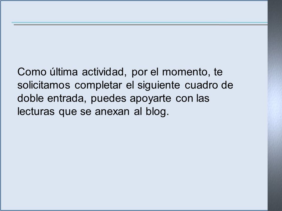 Como última actividad, por el momento, te solicitamos completar el siguiente cuadro de doble entrada, puedes apoyarte con las lecturas que se anexan al blog.