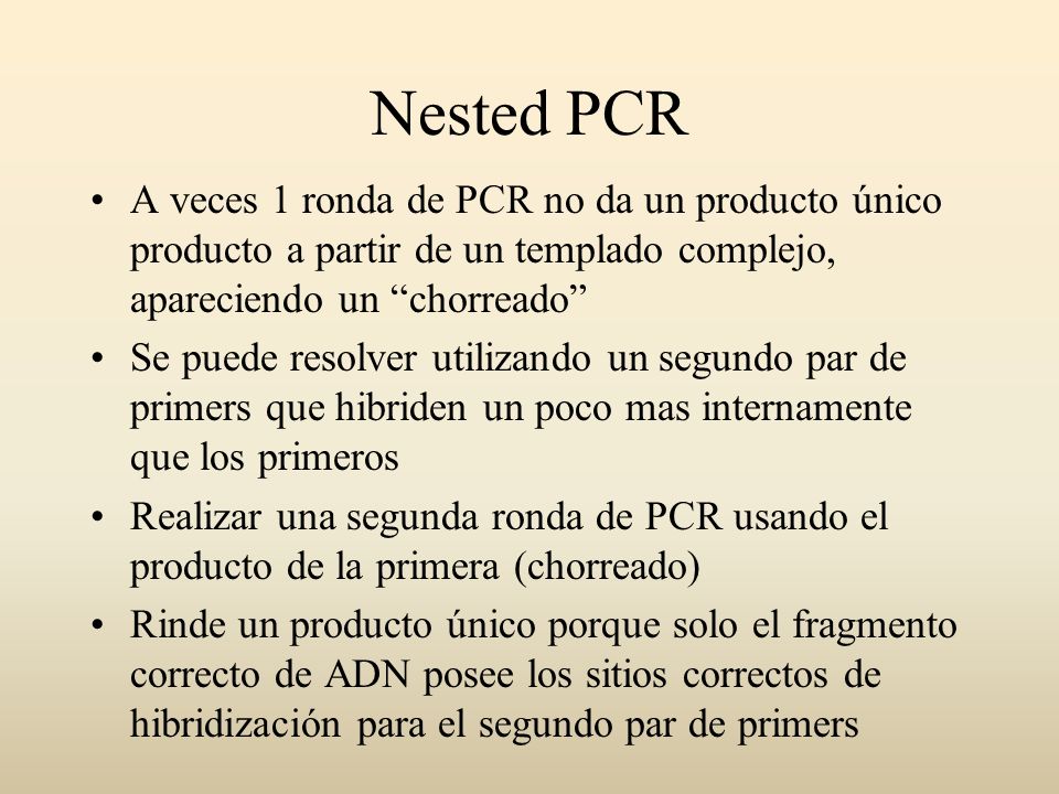 Nested PCR A veces 1 ronda de PCR no da un producto único producto a partir de un templado complejo, apareciendo un chorreado