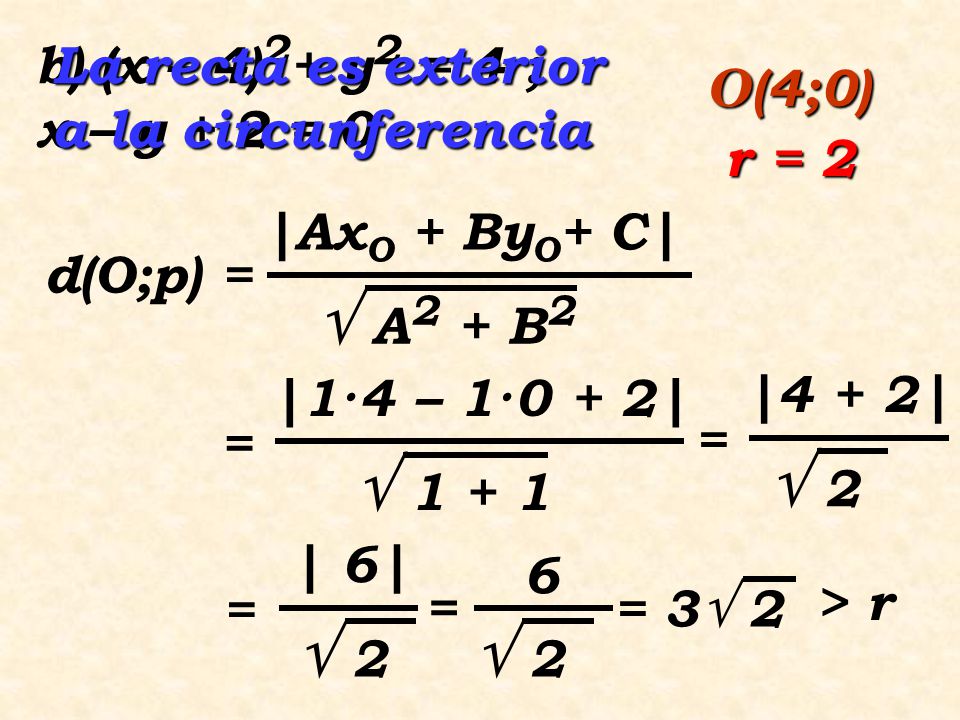  A2 + B2   2  2  2 b) (x – 4)2+ y2 = 4 ; x – y + 2 = 0